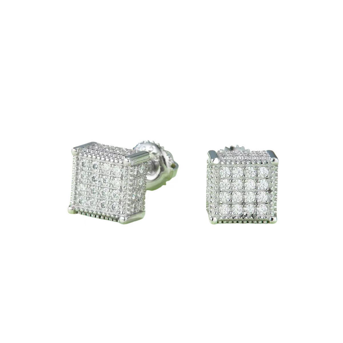J017A Square Cube S925 Silver Earrings with Thread, Moissanite & D-Colour 0.77ct Diamond