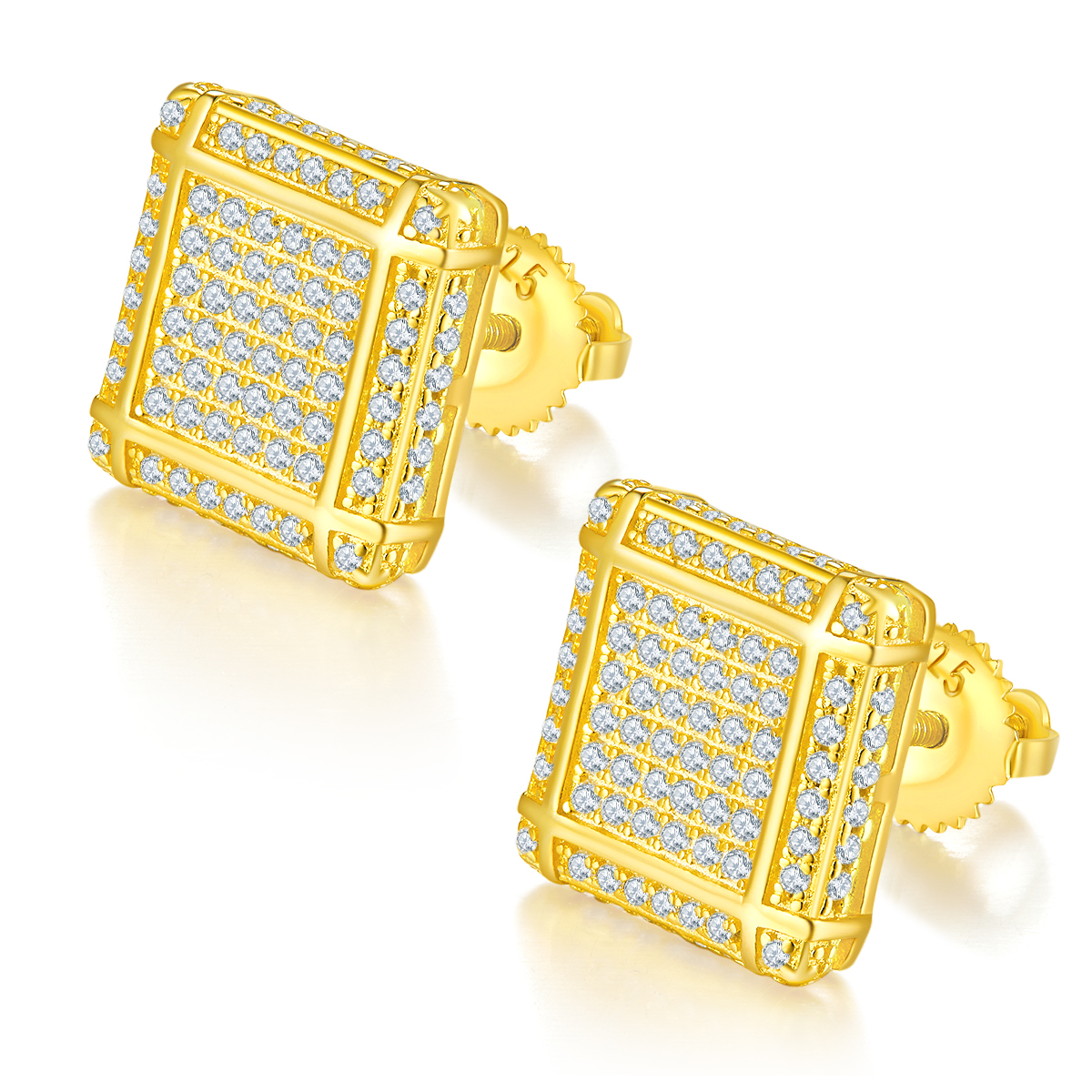 J018A Square Checkerboard S925 Silver Earrings with Thread, Moissanite & D-Colour 0.77ct Diamond
