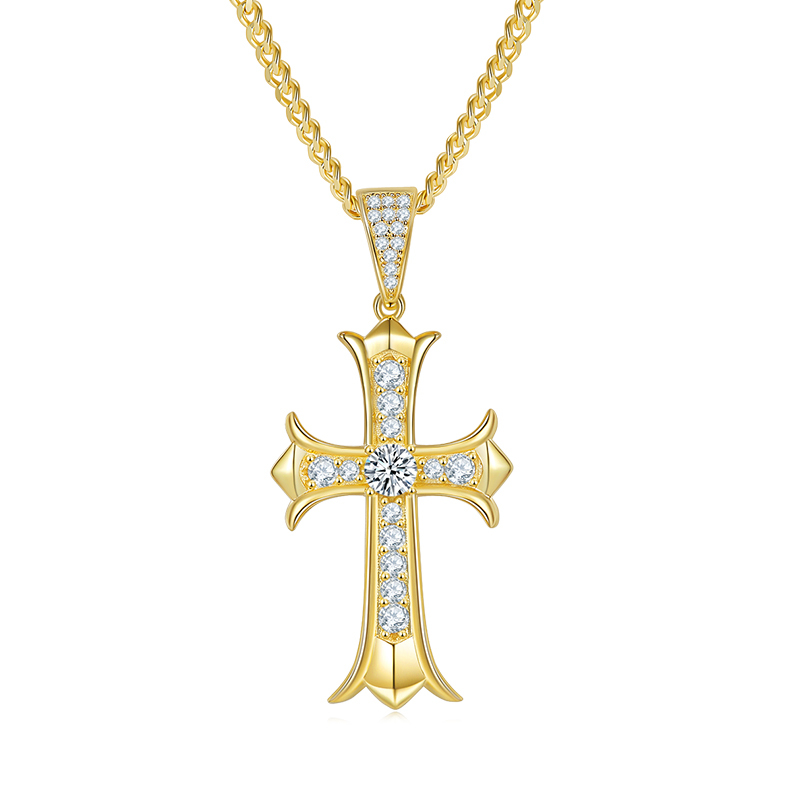J003C Vintage Cross Necklace, S925 Silver Pendant with 5.0mm D-Grade Moissanite