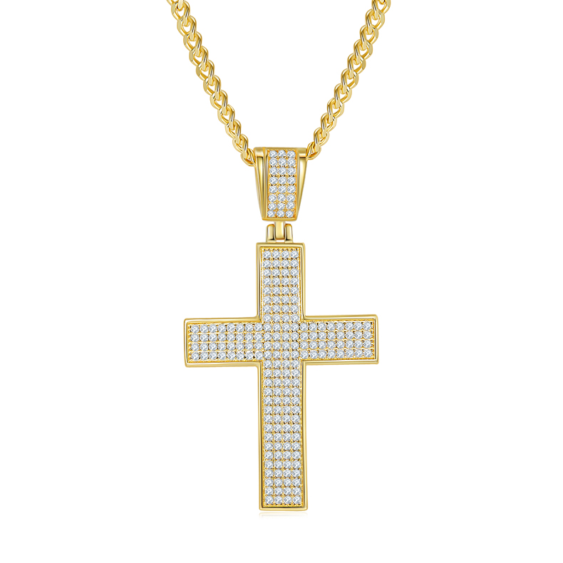 J004A Classic Pave-Set Cross Necklace, S925 Silver Pendant with D-Grade Moissanite Meelee Stones