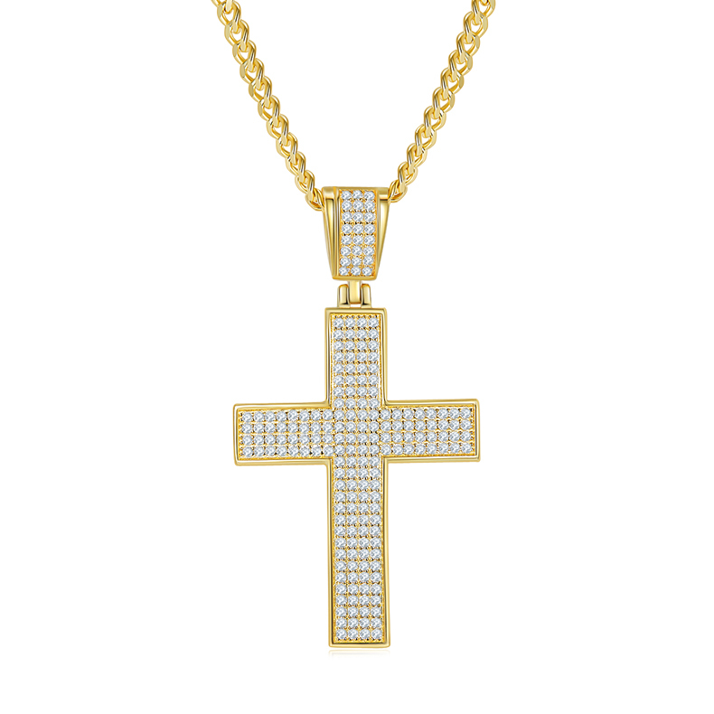 J004A Classic Pave-Set Cross Necklace, S925 Silver Pendant with D-Grade Moissanite Meelee Stones