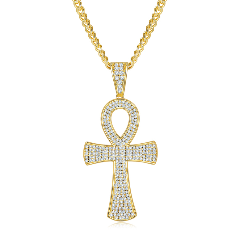 J005A Fashionable Pave-Set Cross Necklace, S925 Silver Pendant with D-Grade Moissanite Meelee Stones