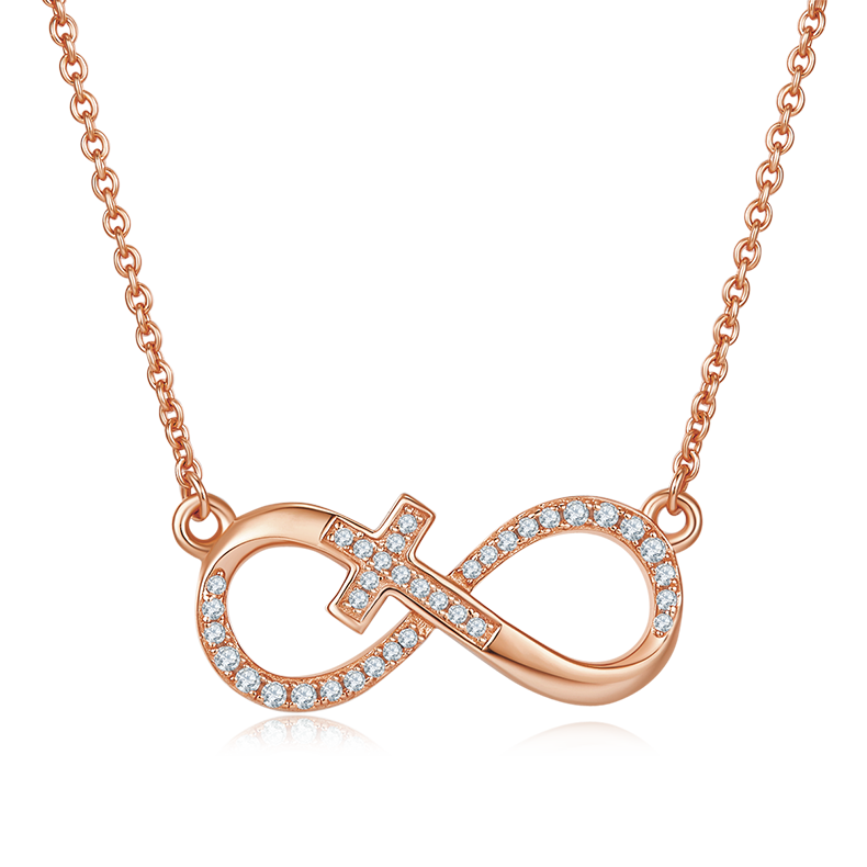 K020A Pave-Set "Infinite Love" Cross Pendant, S925 Silver, D-Grade 0.19ct Moissanite