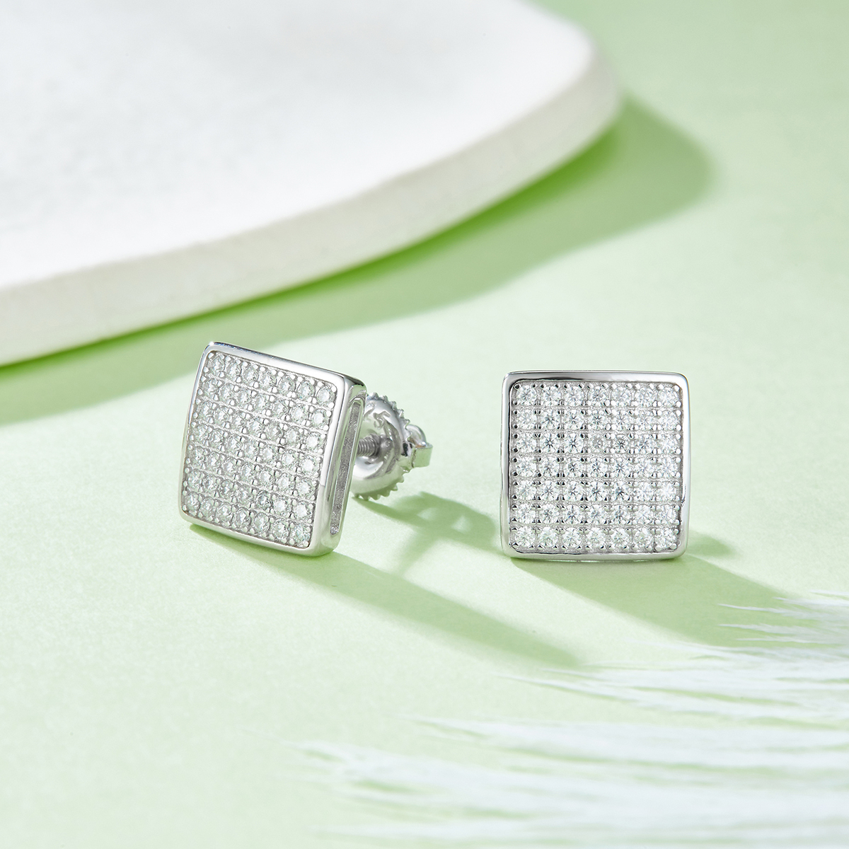 J016A Square Cabochon S925 Silver Earrings with Thread, Moissanite & D-Colour 0.59ct Diamond