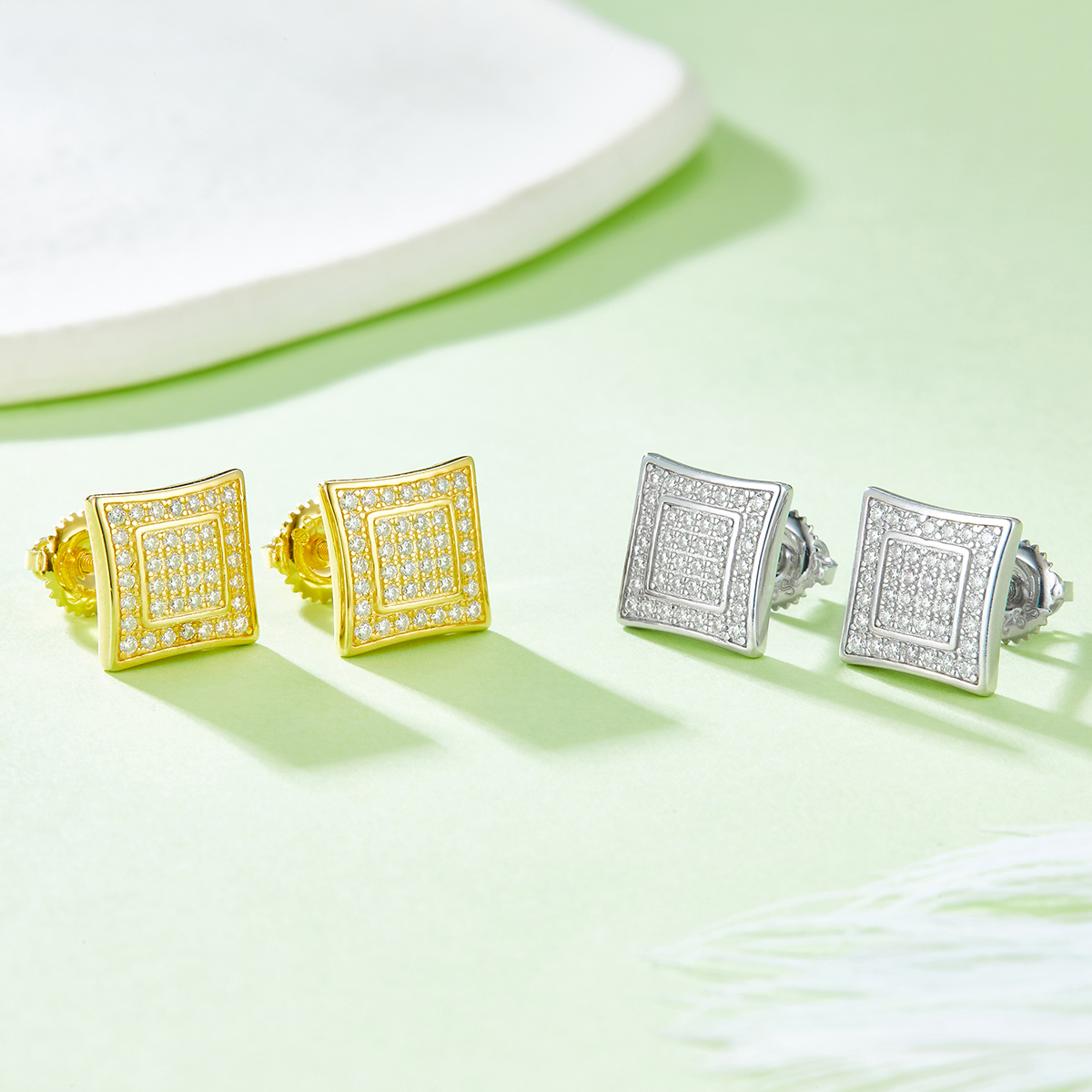 J021A Square Double-Ring S925 Silver Earrings with Thread, Moissanite & D-Colour 0.41ct Diamond