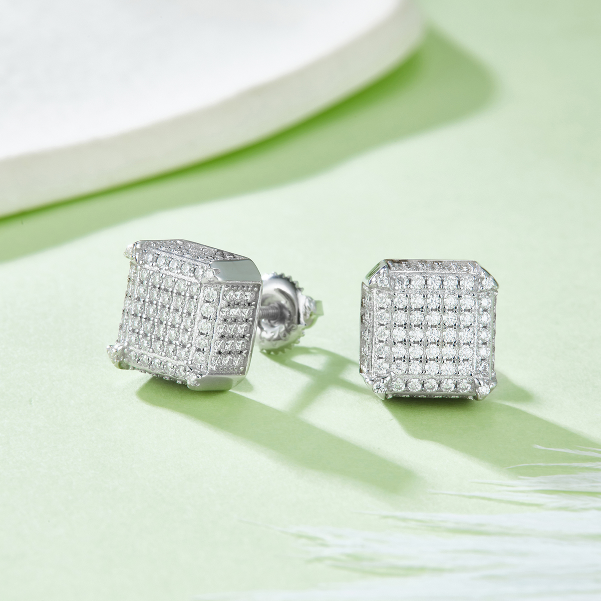 J020A Square Side-Set S925 Silver Earrings with Thread, Moissanite & D-Colour 1.0ct Diamond