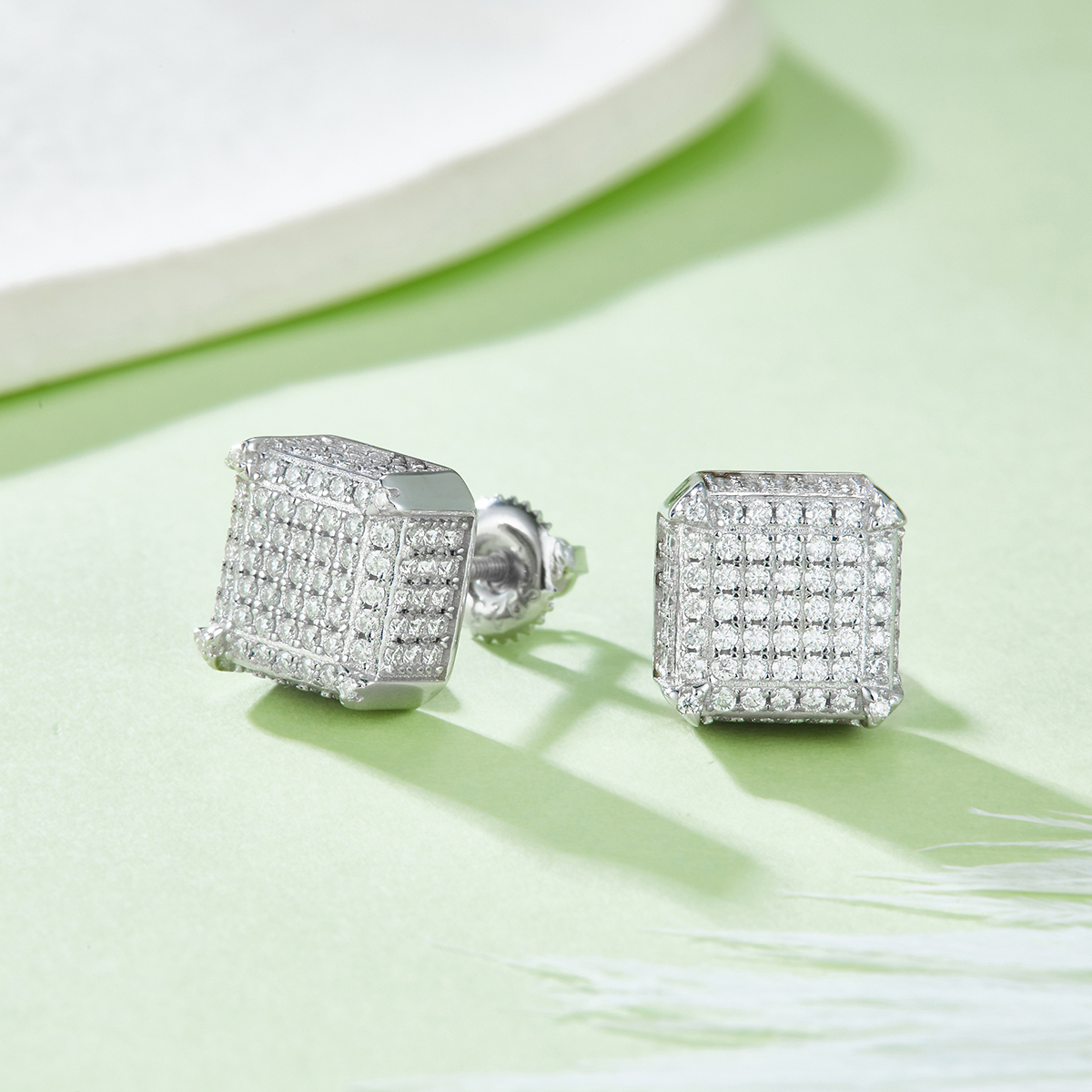 J020A Square Side-Set S925 Silver Earrings with Thread, Moissanite & D-Colour 1.0ct Diamond