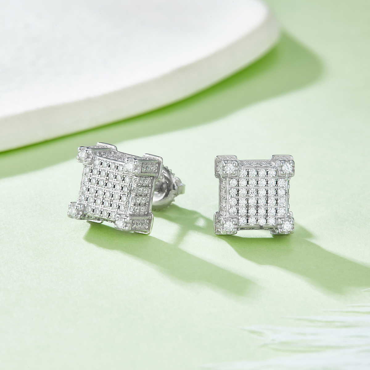 J019A Square Column S925 Silver Earrings with Thread, Moissanite & D-Colour 1.06ct Diamond