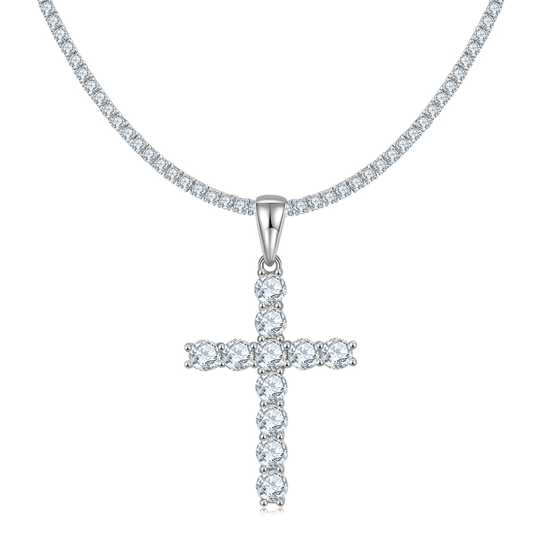 J001A Classic Cross Necklace, S925 Silver Pendant with 3.0mm D-Grade Moissanite