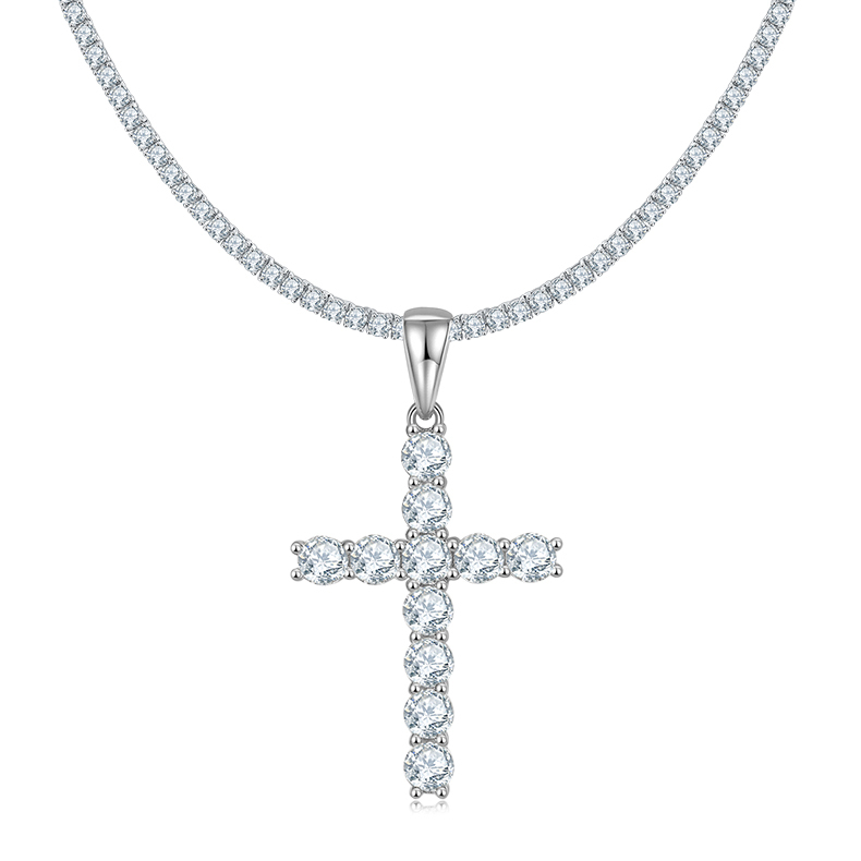 J001A Classic Cross Necklace, S925 Silver Pendant with 3.0mm D-Grade Moissanite