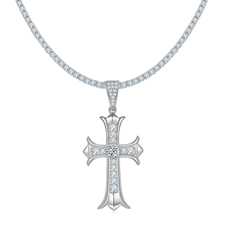 J003C Vintage Cross Necklace, S925 Silver Pendant with 5.0mm D-Grade Moissanite