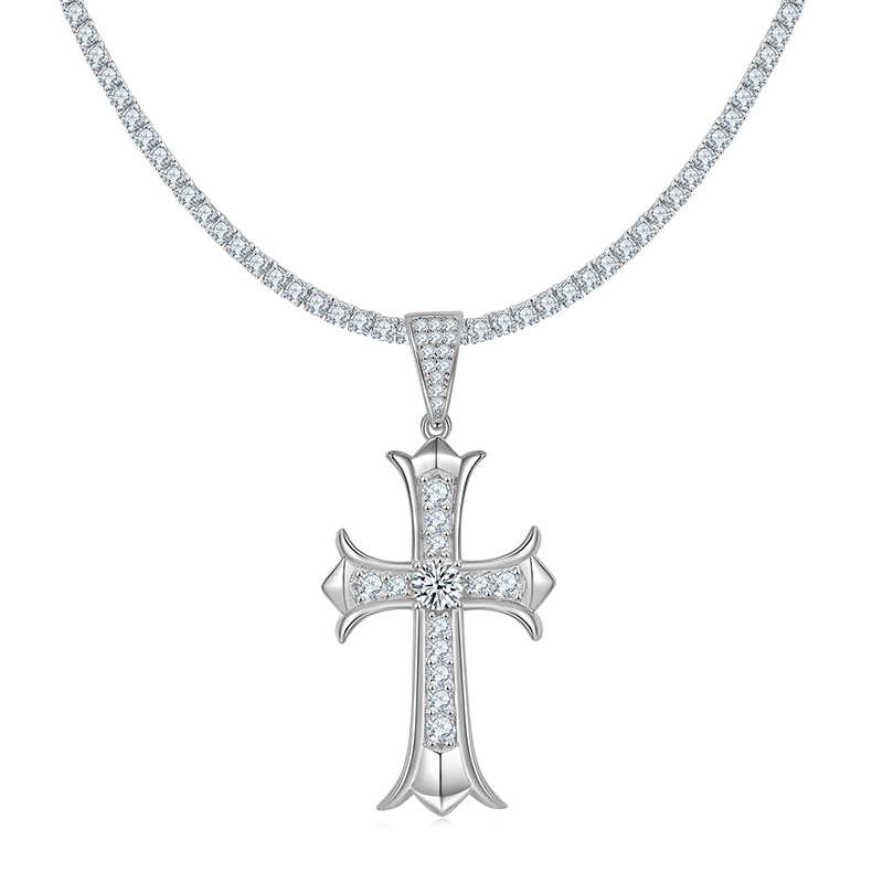 J003A Vintage Cross Necklace, S925 Silver Pendant with 3.0mm D-Grade Moissanite