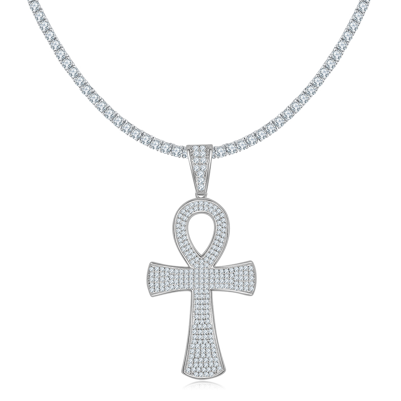 J005A Fashionable Pave-Set Cross Necklace, S925 Silver Pendant with D-Grade Moissanite Meelee Stones