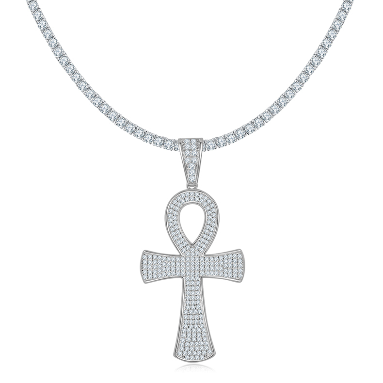 J005A Fashionable Pave-Set Cross Necklace, S925 Silver Pendant with D-Grade Moissanite Meelee Stones