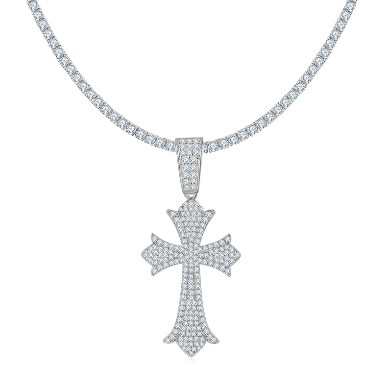 J006A Vintage Pave-Set Cross Necklace, S925 Silver Pendant with D-Grade Moissanite Meelee Stones