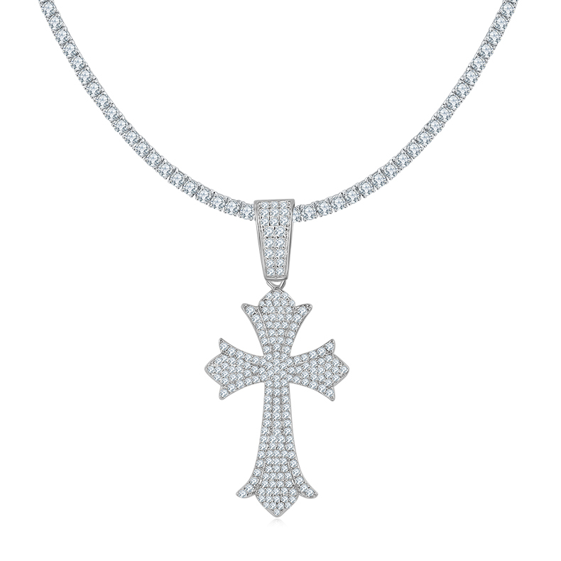 J006A Vintage Pave-Set Cross Necklace, S925 Silver Pendant with D-Grade Moissanite Meelee Stones