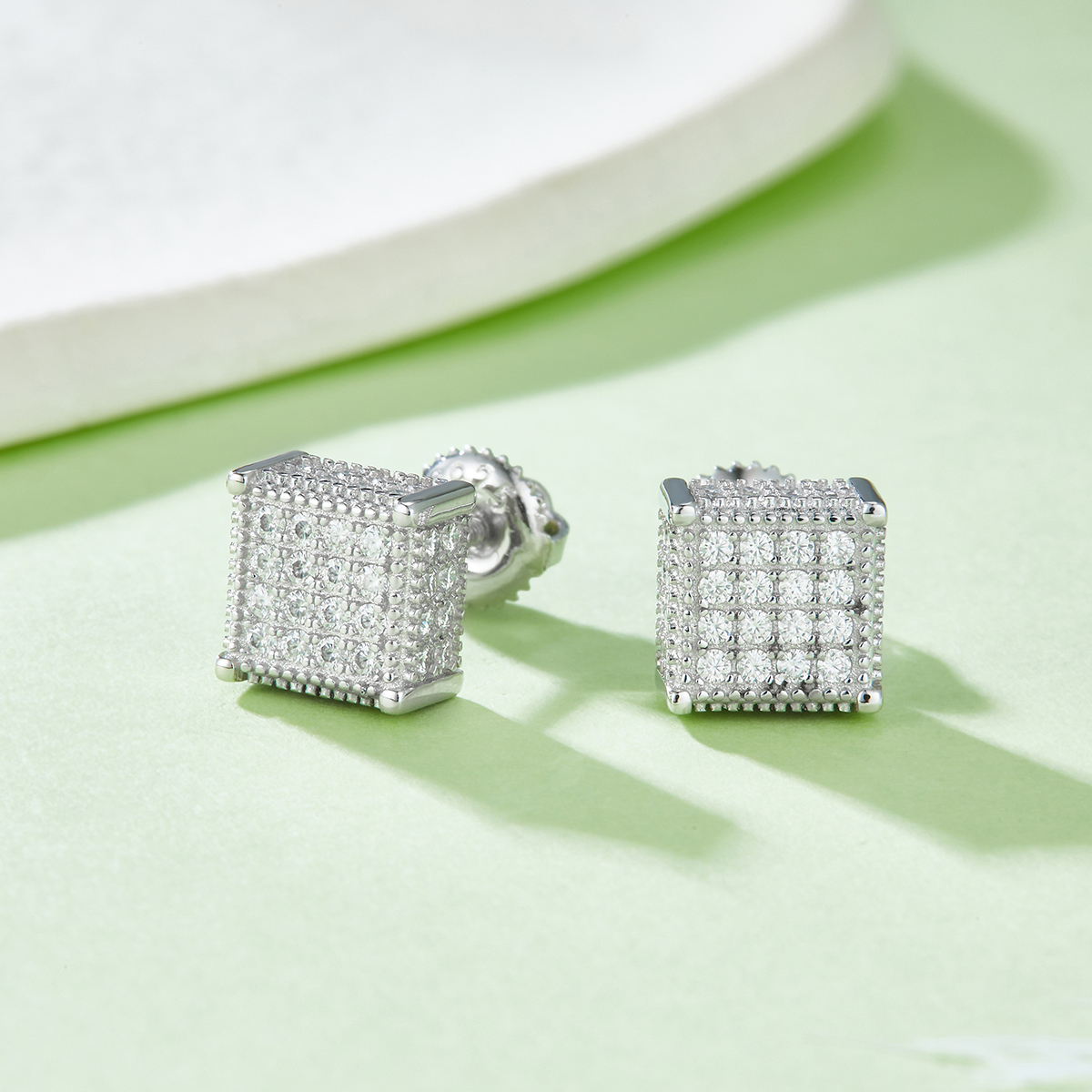 J017A Square Cube S925 Silver Earrings with Thread, Moissanite & D-Colour 0.77ct Diamond
