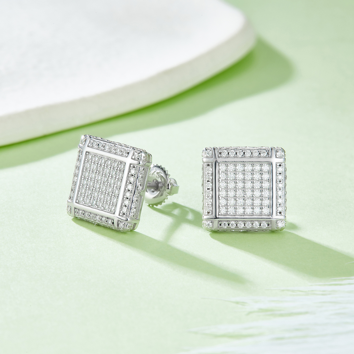 J018A Square Checkerboard S925 Silver Earrings with Thread, Moissanite & D-Colour 0.77ct Diamond