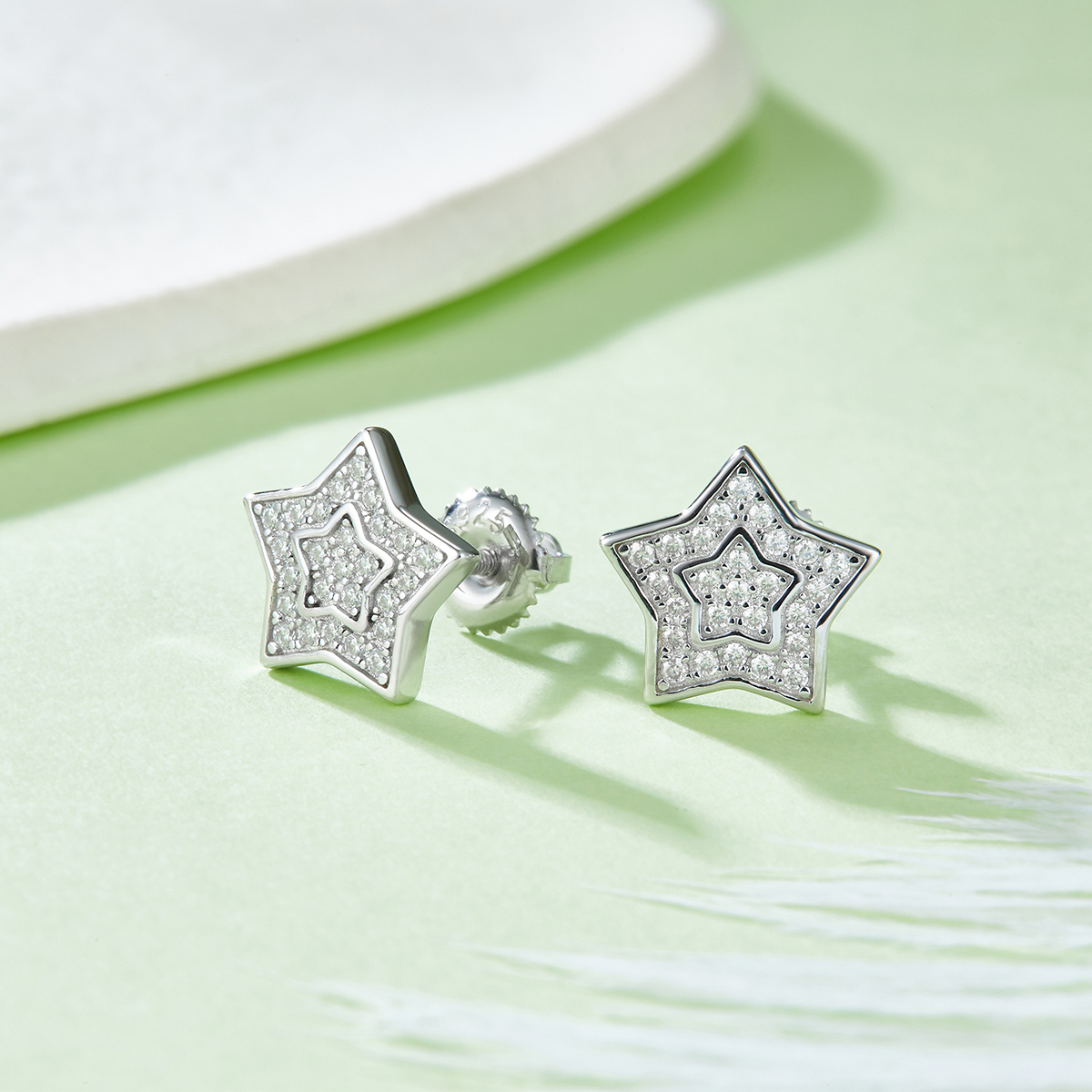 J022A Five-Point Star S925 Silver Earrings with Thread, Moissanite & D-Colour 0.27ct Diamond