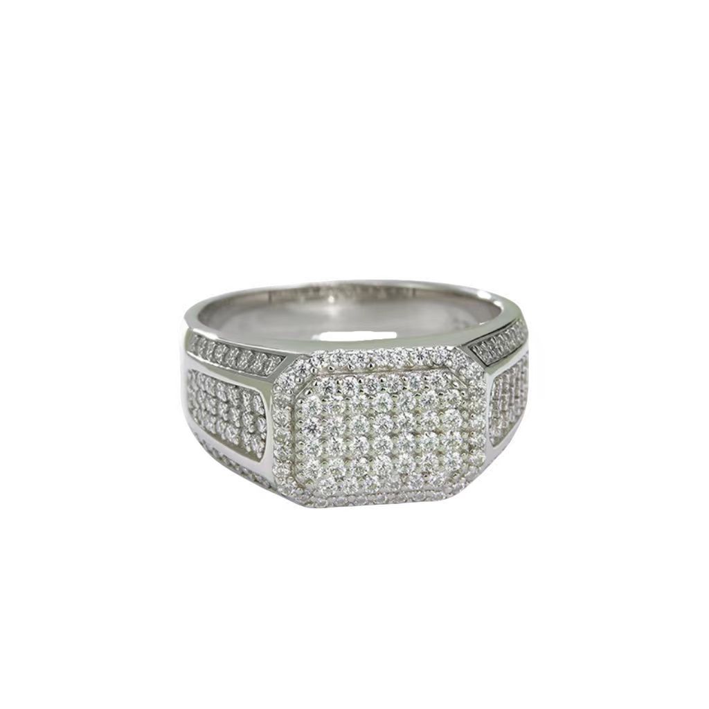 M86A Heavy Inlay S925 Silver Plated White Gold Moissanite Men's Ring, D-Grade Diamond, 1.2 Carat