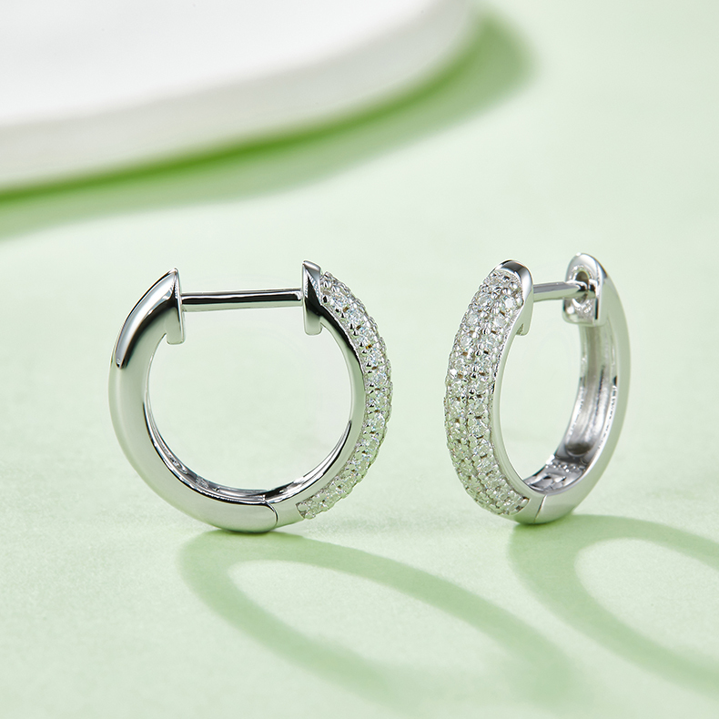 K007A Triple-Row Half-and-Half Earrings, S925 Silver with Moissanite & D-Colour 0.37ct Diamond