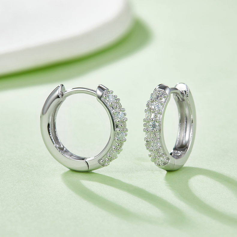 K007A Triple-Row Half-and-Half Earrings, S925 Silver with Moissanite & D-Colour 0.37ct Diamond