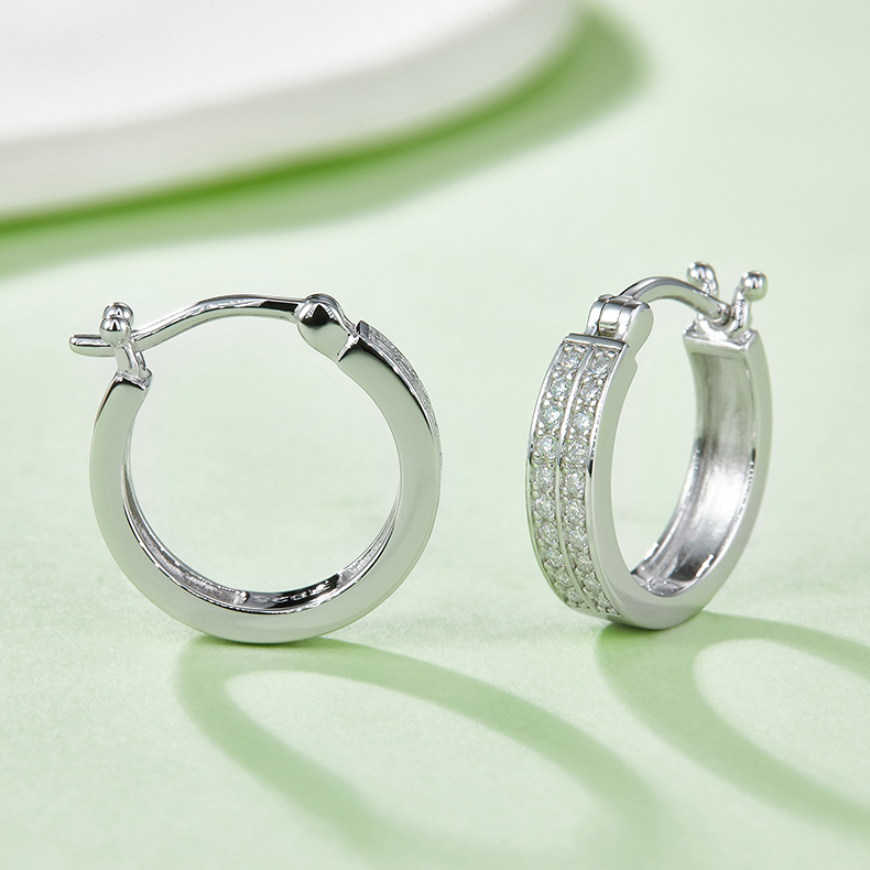 K012A Double-Row Half-and-Half Earrings, S925 Silver with Moissanite & D-Colour 0.24ct Diamond