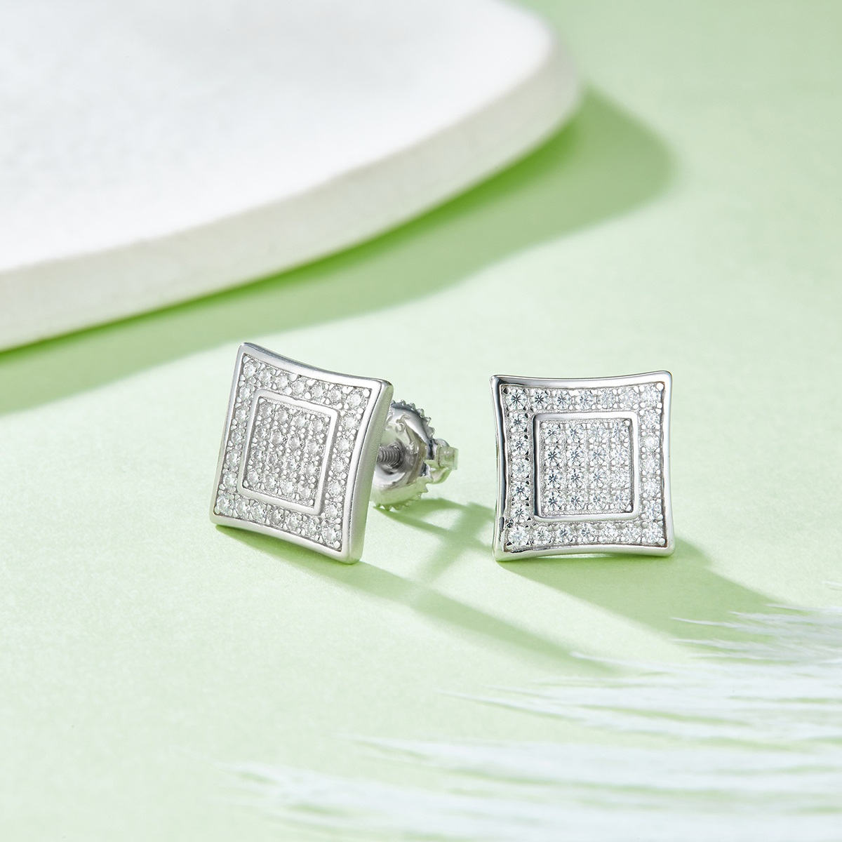 J021A Square Double-Ring S925 Silver Earrings with Thread, Moissanite & D-Colour 0.41ct Diamond