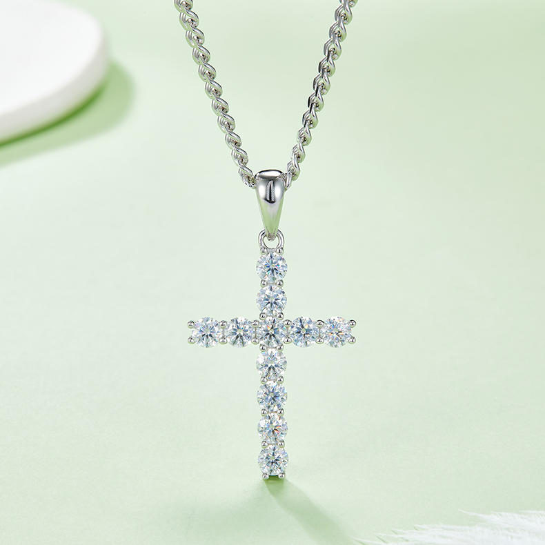 J001B Classic Cross Necklace, S925 Silver Pendant with 4.0mm D-Grade Moissanite