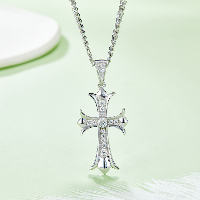 J003B Vintage Cross Necklace, S925 Silver Pendant with 4.0mm D-Grade Moissanite