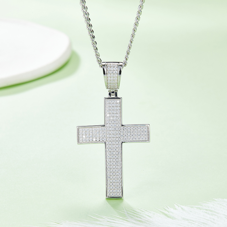 J004A Classic Pave-Set Cross Necklace, S925 Silver Pendant with D-Grade Moissanite Meelee Stones