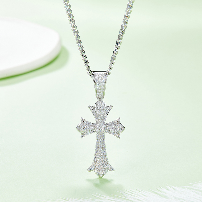 J006A Vintage Pave-Set Cross Necklace, S925 Silver Pendant with D-Grade Moissanite Meelee Stones