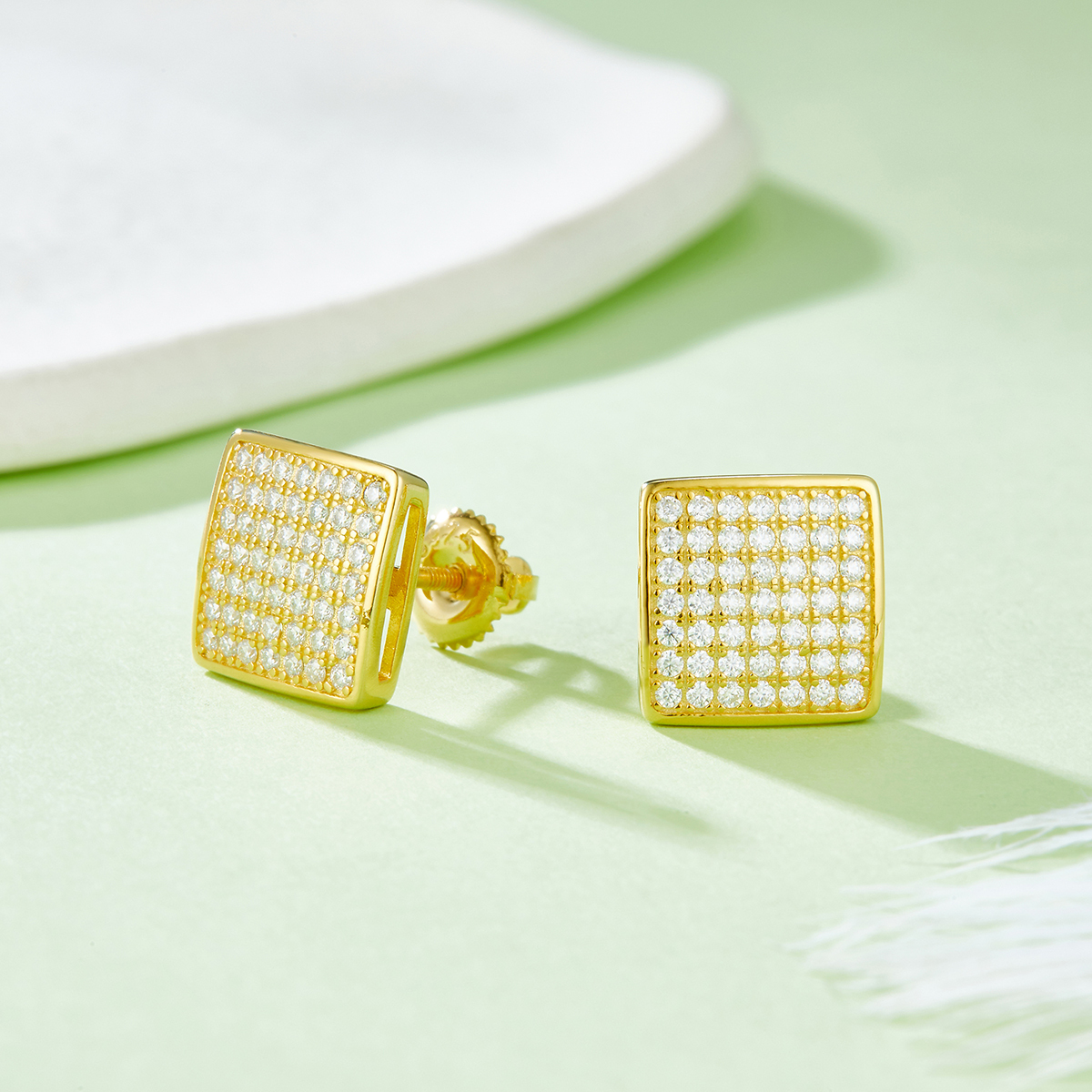 J016A Square Cabochon S925 Silver Earrings with Thread, Moissanite & D-Colour 0.59ct Diamond