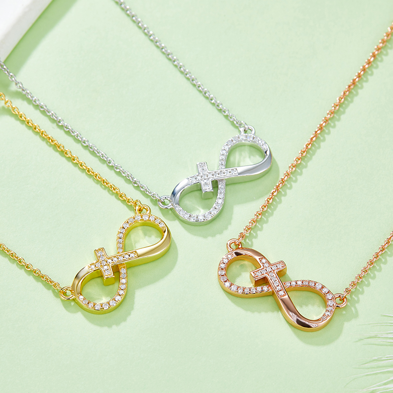 K020A Pave-Set "Infinite Love" Cross Pendant, S925 Silver, D-Grade 0.19ct Moissanite
