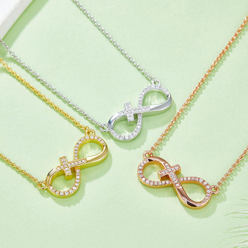 K020A Pave-Set "Infinite Love" Cross Pendant, S925 Silver, D-Grade 0.19ct Moissanite