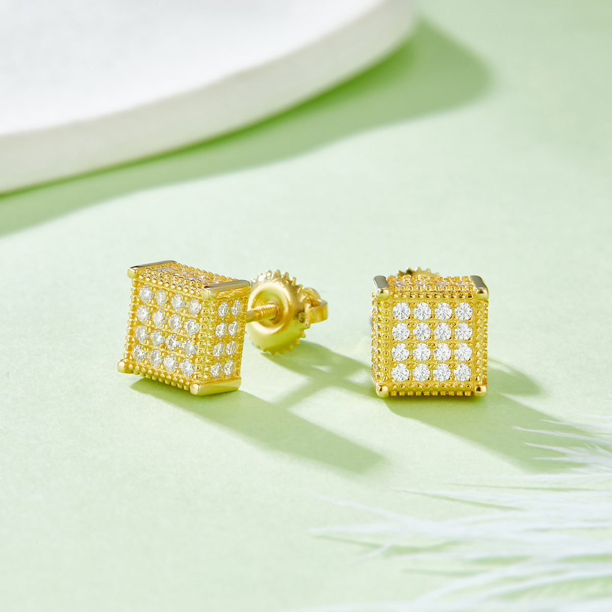 J017A Square Cube S925 Silver Earrings with Thread, Moissanite & D-Colour 0.77ct Diamond