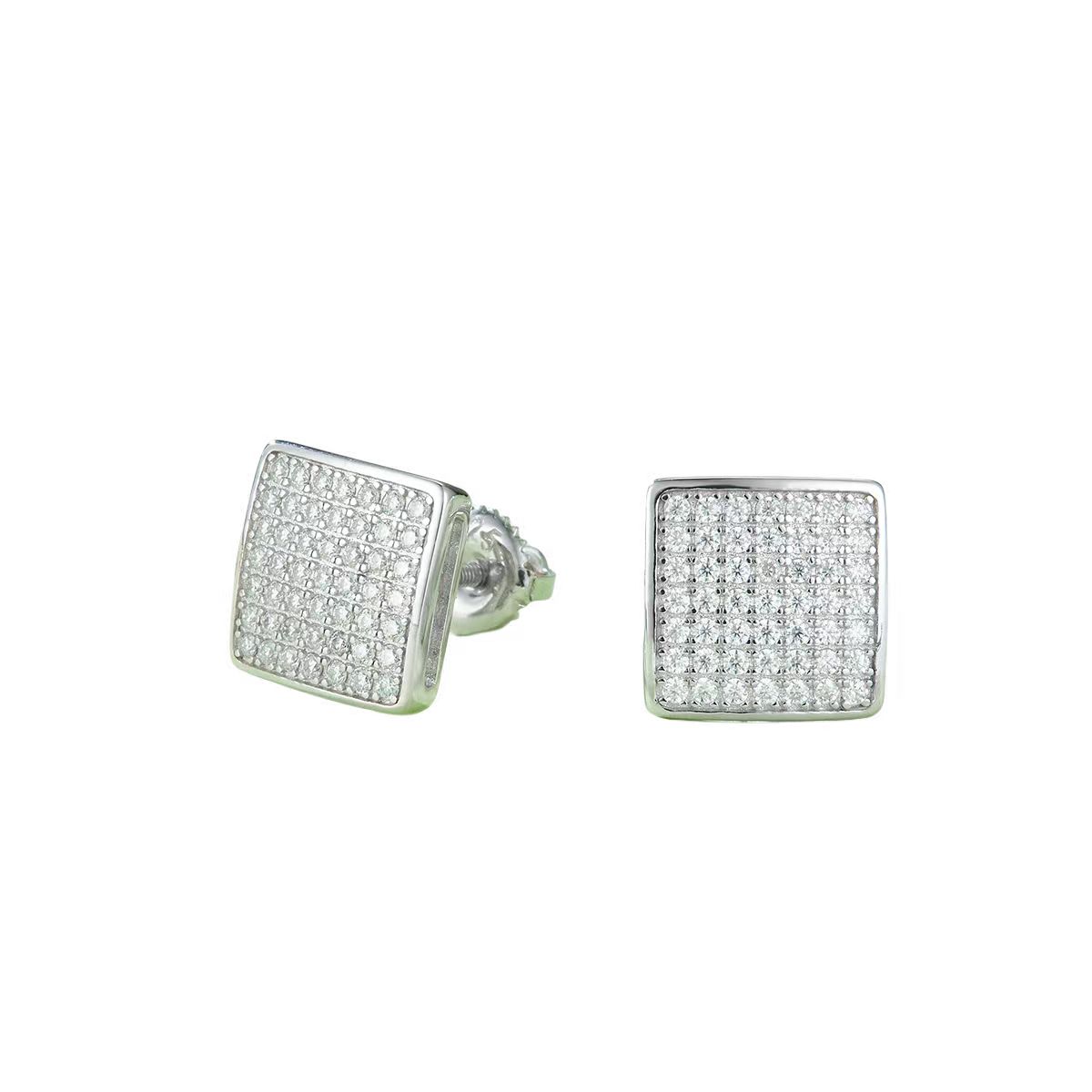 J016A Square Cabochon S925 Silver Earrings with Thread, Moissanite & D-Colour 0.59ct Diamond