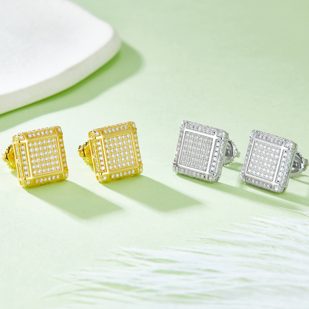 J018A Square Checkerboard S925 Silver Earrings with Thread, Moissanite & D-Colour 0.77ct Diamond