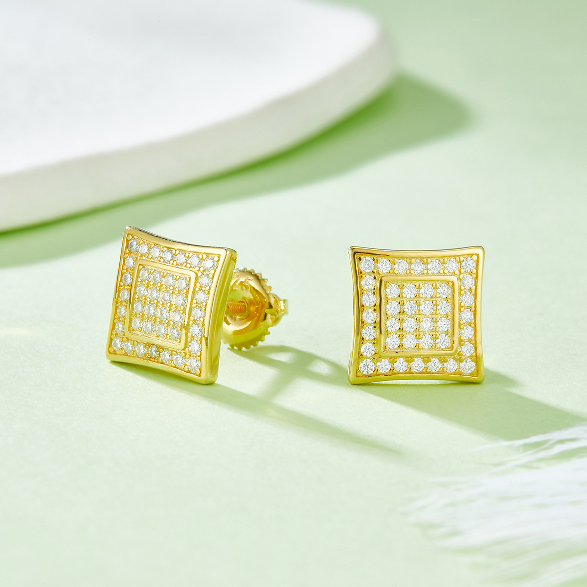 J021A Square Double-Ring S925 Silver Earrings with Thread, Moissanite & D-Colour 0.41ct Diamond