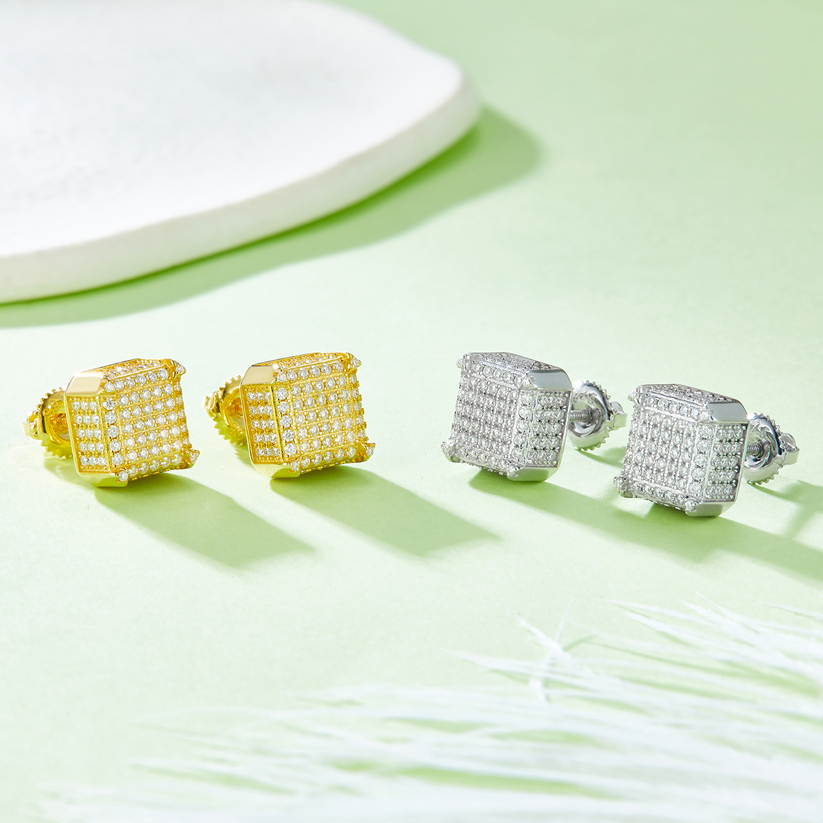 J020A Square Side-Set S925 Silver Earrings with Thread, Moissanite & D-Colour 1.0ct Diamond