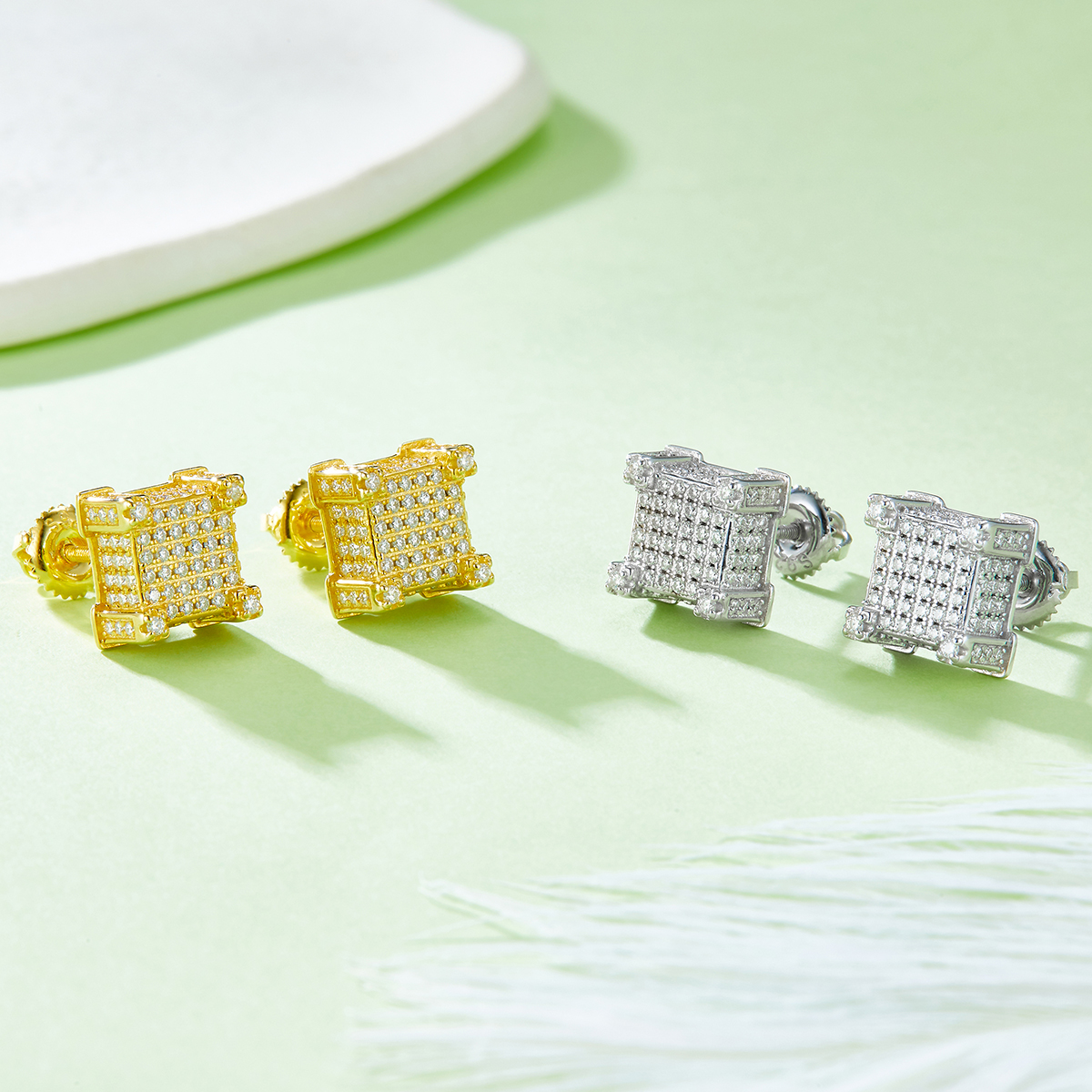 J019A Square Column S925 Silver Earrings with Thread, Moissanite & D-Colour 1.06ct Diamond