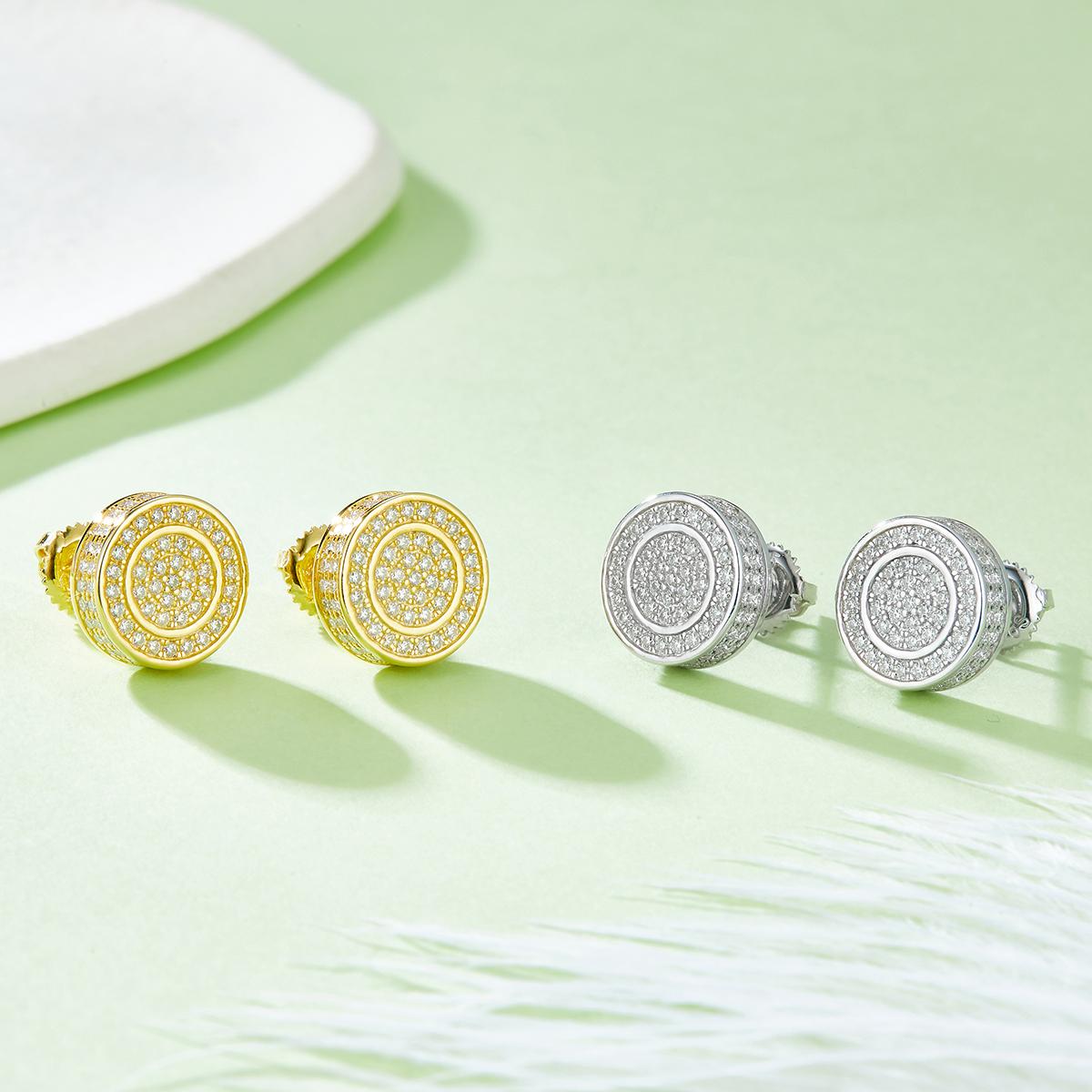 J013A Round Double-Ring S925 Silver Earrings with Thread, Moissanite & D-Colour 0.95ct Diamond