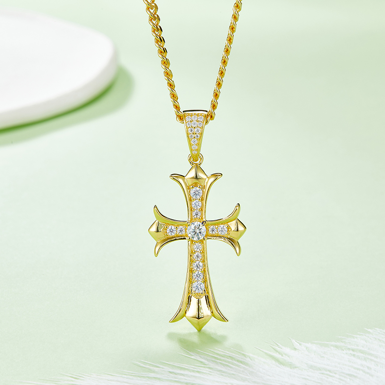 J003B Vintage Cross Necklace, S925 Silver Pendant with 4.0mm D-Grade Moissanite