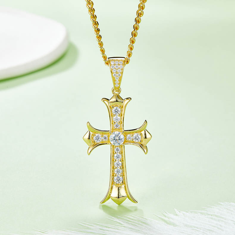 J003C Vintage Cross Necklace, S925 Silver Pendant with 5.0mm D-Grade Moissanite