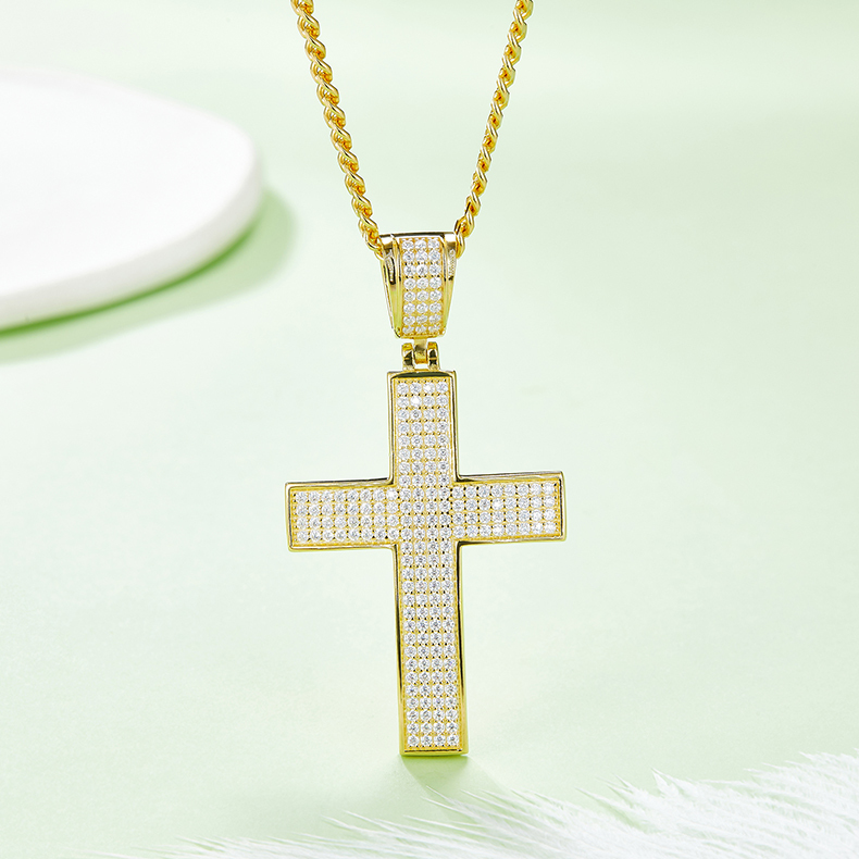 J004A Classic Pave-Set Cross Necklace, S925 Silver Pendant with D-Grade Moissanite Meelee Stones