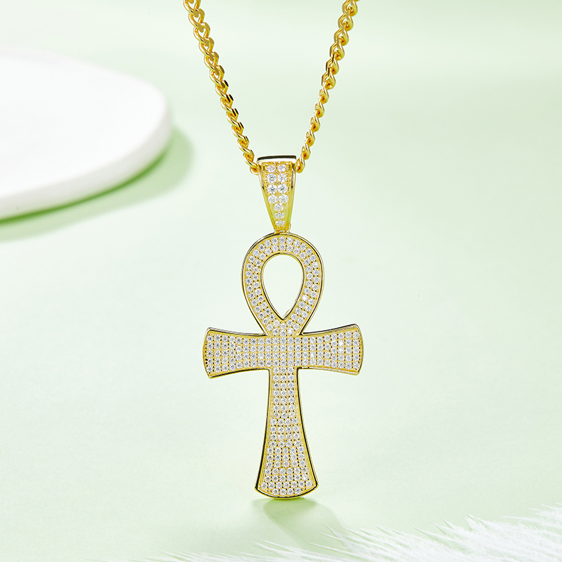 J005A Fashionable Pave-Set Cross Necklace, S925 Silver Pendant with D-Grade Moissanite Meelee Stones