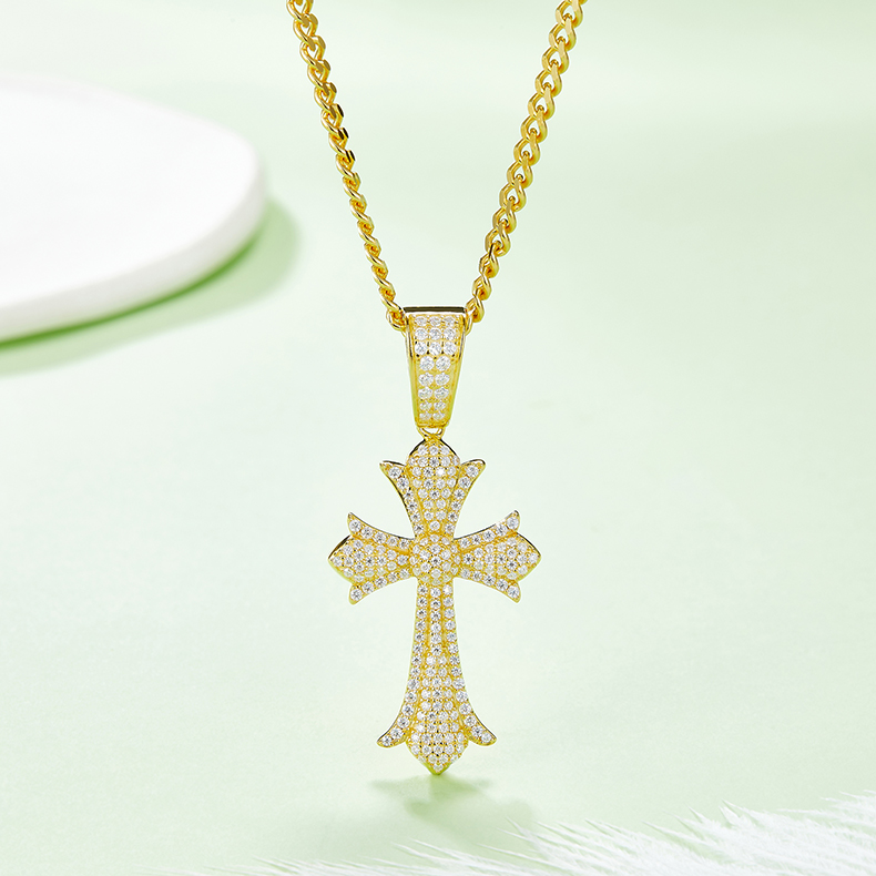 J006A Vintage Pave-Set Cross Necklace, S925 Silver Pendant with D-Grade Moissanite Meelee Stones