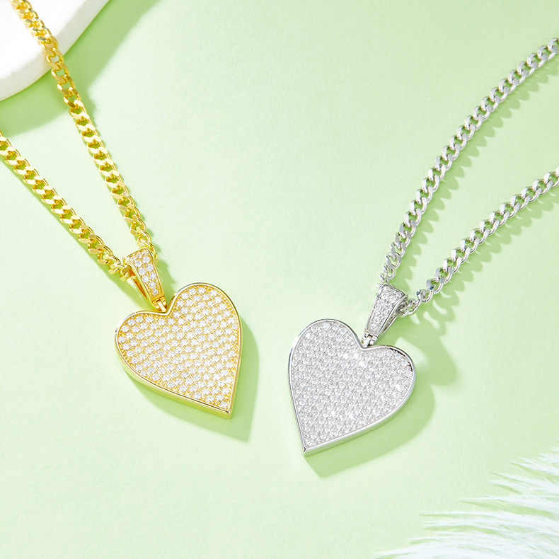 J008A Heart Hip-Hop Necklace, S925 Silver Pendant with D-Grade 1.2CT Moissanite Meelee Stones