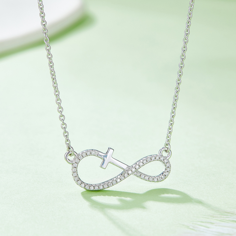 K018A "Infinite Love" Cross Pendant, S925 Silver, D-Grade 0.17ct Moissanite
