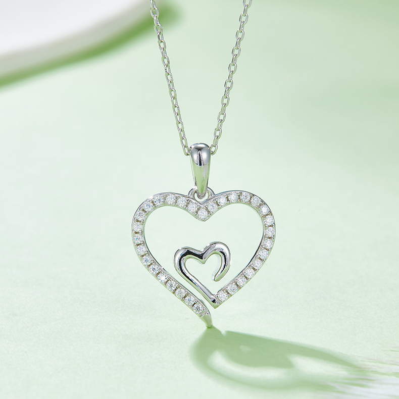 K028A Hidden-Heart Pendant, S925 Silver, D-Grade 0.32ct Moissanite